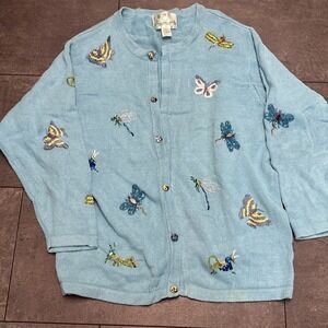 Quacker Factory Embroidered Beaded Butterfly Dragonfly Sweater Cardigan 3XL Plus